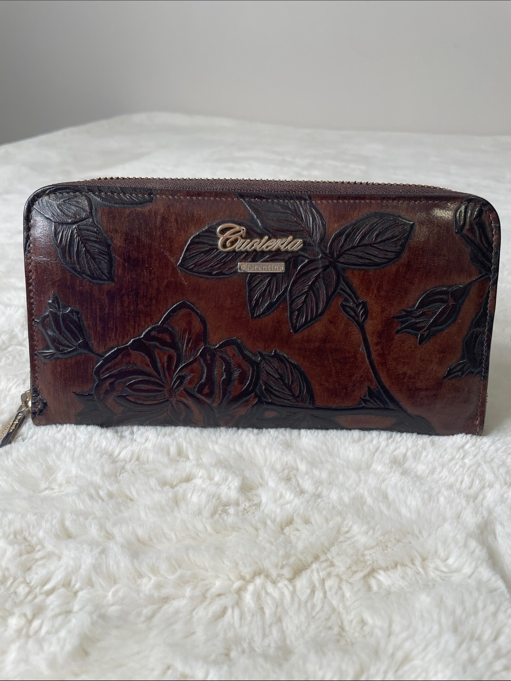 Floral Embossed Brown Leather Zip Wallet